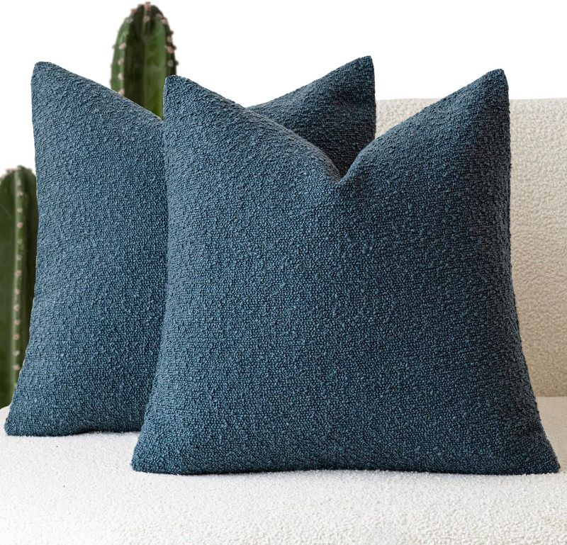Photo 1 of Foindtower Pack of 2 Modern Textured Boucle Throw Pillow Covers Accent Solid Decorative Pillow Cases Cozy Woven Couch Cushion Case for Chair Sofa Bedroom Living Room Home Decor, 20 x 20 Inch,Blue
