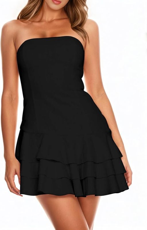 Photo 1 of (S) Womens Summer Sexy Strapless Tube Dress Flowy Ruffle Layer Mini Dress Off Shoulder Backless Tiered Short Dresses 2025
