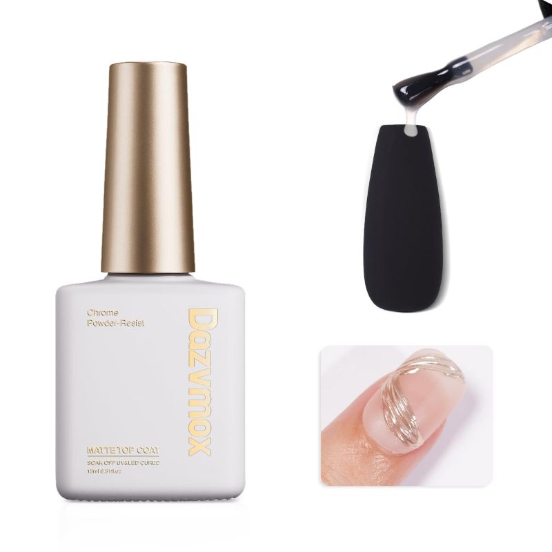 Photo 1 of Matte Gel Top Coat, 15ml Hema Free Powder-Resist Top Coat Gel Nail Polish for Chrome Powder Design Long-Lasting Matte Finish UV DIY Nail Art Home Salon
