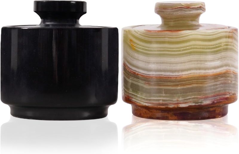 Photo 1 of Marble Salt Cellar with Lid 3" Black and Green Onyx Brown Sugar Keeper Kitchen Table, Salt & Pepper Bowls, Storage Container
