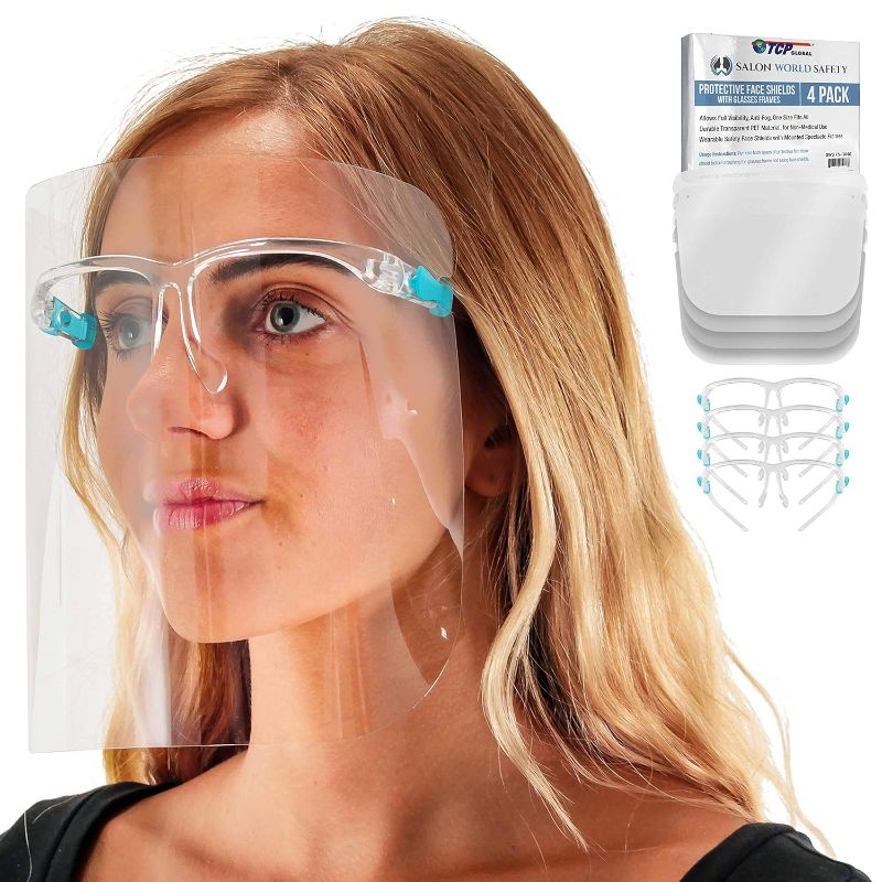 Photo 1 of TCP Global Salon World Safety Face Shields with Glasses Frames (Pack of 5) - Ultra Clear Protective Full Face Shields to Protect Eyes, Nose, Mouth - Anti-Fog PET Plastic Sanitary Droplet Splash Guard
