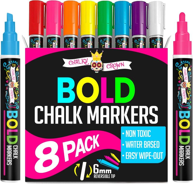 Photo 1 of Liquid Chalk Markers for Blackboards - Bold Color Dry Erase Marker - Chalk Markers for Chalkboard Signs, Windows, Blackboard, Glass - 6mm Reversible Tip (8 Pack) - 24 Chalkboard Labels Included
