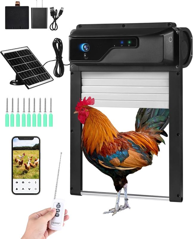 Photo 1 of Automatic Chicken Coop Door with HD Camera, Solar Powered, 5000mAh Battery, WiFi Enabled, APP-Based Monitoring, Remote Control and Timer, with Anti-Trap Sensor and Alarm Drive(Black)
