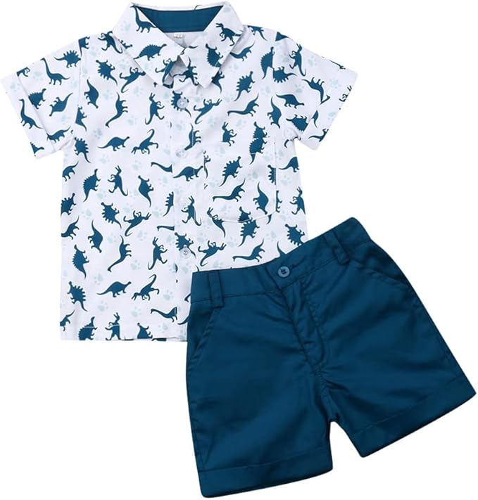 Photo 1 of 3-4T *Dirt Marks* Baby Toddler Boy Outfits 2T 3T 4T 5T Clothes Summer Kids Pattern Short Sleeve Button Down Shirt & Shorts Set