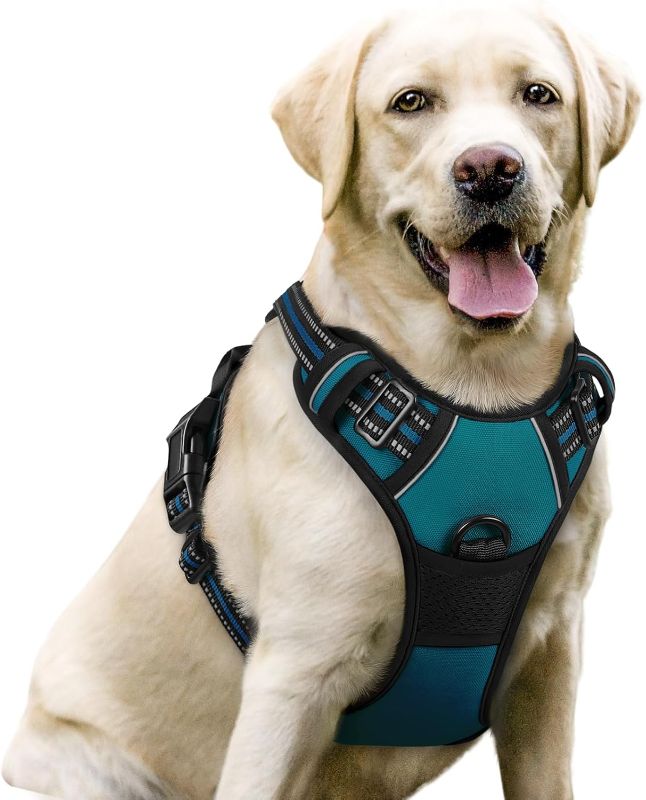 Photo 1 of (L) Rabbitgoo Dog Harness No Pull with 2 Leash Clips, Adjustable Soft Padded, Reflective Oxford No Choke Pet Vest with Easy Control Handle for Large Dogs, Blue Coral, L
