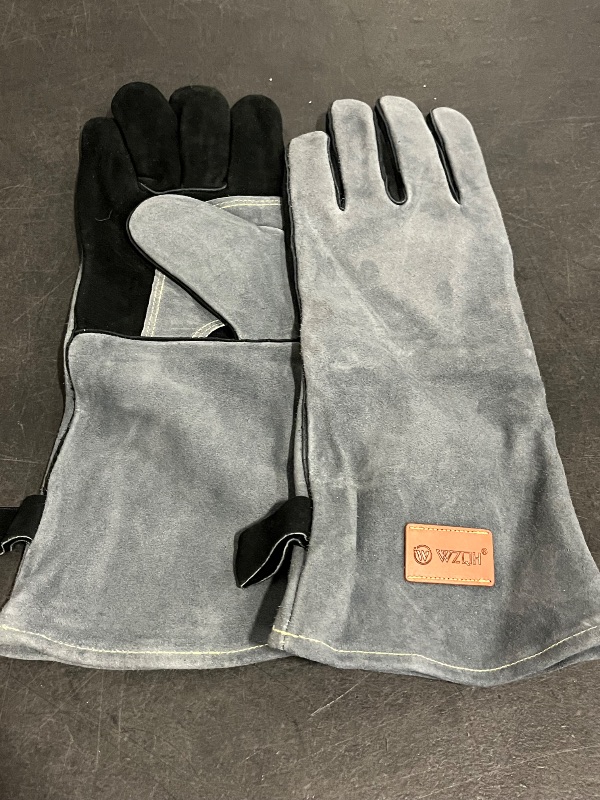 Photo 1 of 16 Inches,932,Leather Welding Gloves, Heat/Fire Resistant,Large Mitts for BBQ,Oven,Grill,Fireplace,Tig,Mig,Forge,Baking,Furnace,Stove,Pot Holder,Animal Handling Glove.L Black-gray
