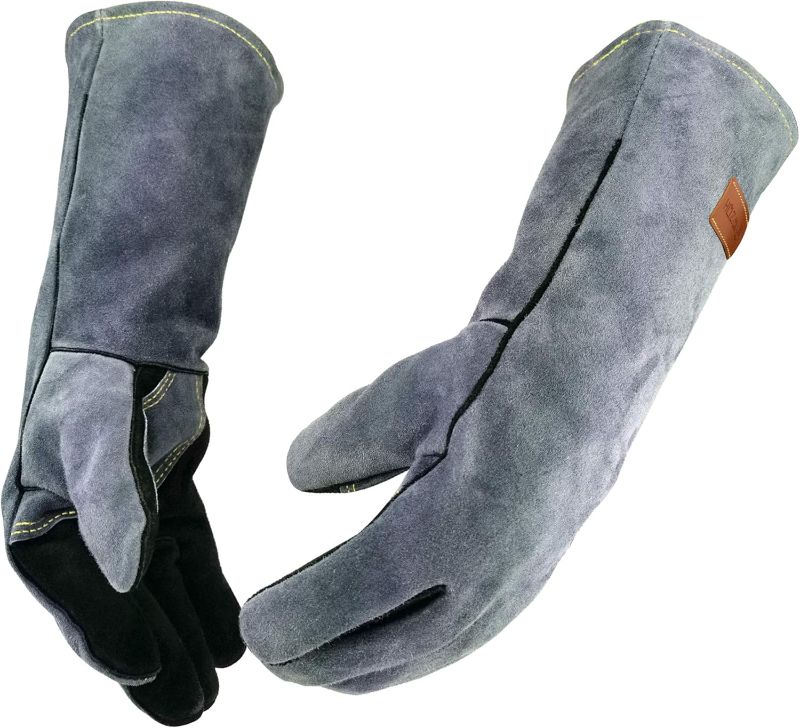 Photo 1 of 16 Inches,932,Leather Welding Gloves, Heat/Fire Resistant,Large Mitts for BBQ,Oven,Grill,Fireplace,Tig,Mig,Forge,Baking,Furnace,Stove,Pot Holder,Animal Handling Glove.L Black-gray

