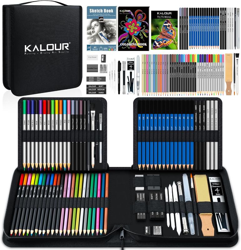 Photo 1 of KALOUR 82 Pack Drawing Sketching Kit, Pro Art Supplies with Sketchbook, Include Tutorial,Colored, Graphite, Charcoal, Watercolor,Metallic & Pastel Pencils, Drawing Set for Adults Teens Beginner
