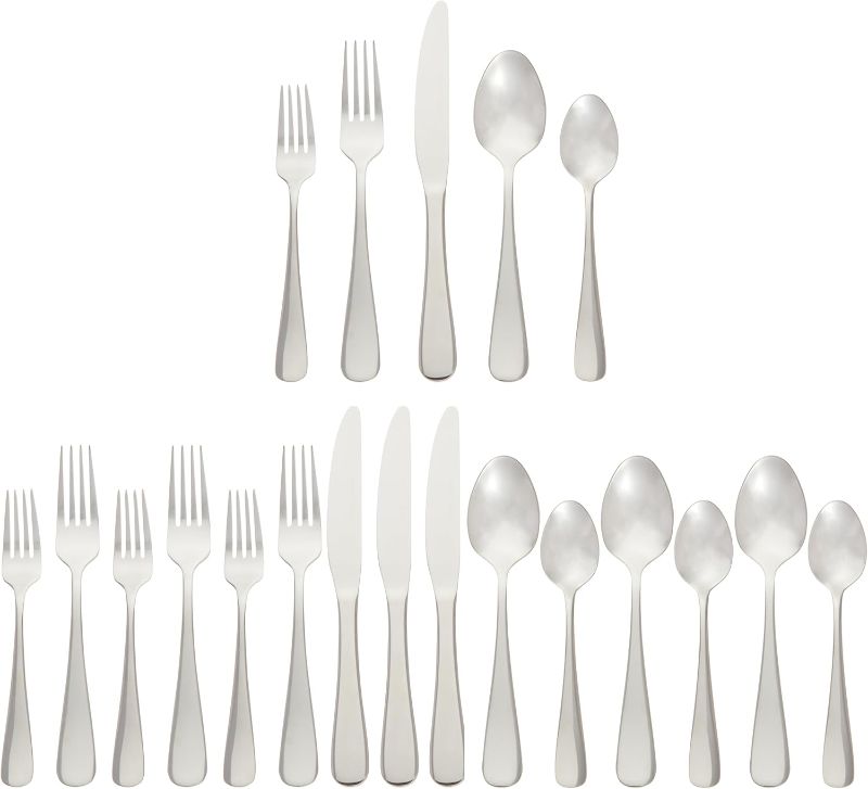 Photo 1 of Amazon Basics Silverware Set, Stainless Steel Flatware, Dishwasher Safe, Service for 4, 20-Piece Forks and Spoons, Round Edge
