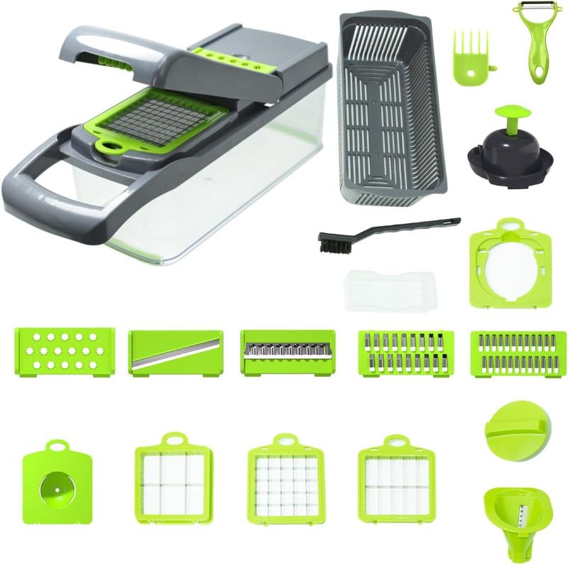 Photo 1 of Vegetable Chopper Kit, Stainless Steel Blades, with Veggie Pusher, Grating & Pattern Cutting Blades, Catch Basin & Wash Basket, Safety Lock, Dishwasher Safe Kitchen Gadget
