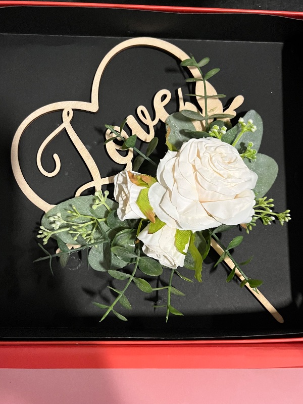 Photo 1 of Love Wedding Cake Topper in Wood Heart Cake Topper with Flowers and Leaves

