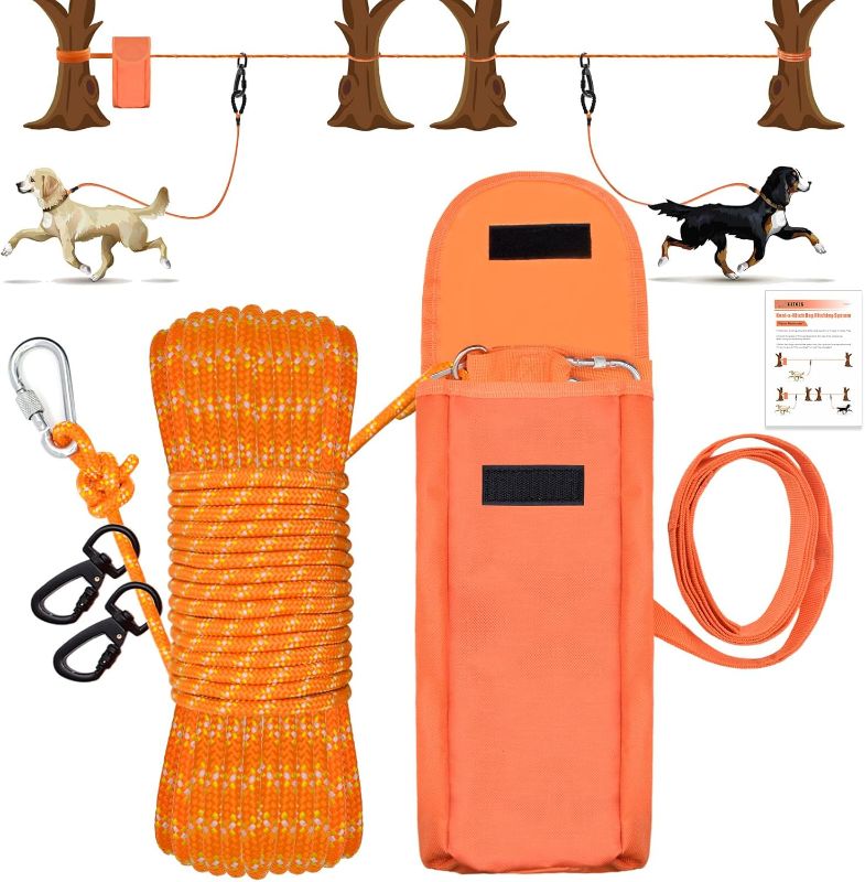 Photo 1 of Upgraded Dog Tie Out Cable for Camping, 100FT Portable Trolley System for 2 Dogs, Knot-a-Hitch Dogs Hitching System up to 250lbs, Dog Runner for Yard Camping Training Running Hiking Outdoor
