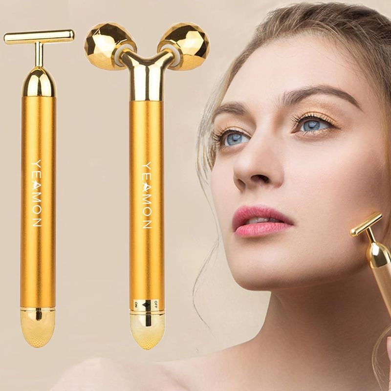 Photo 1 of Yeamon 2 in 1 Face Massager Golden Facial Electric 3D Roller and T Shape Arm Eye Nose Massager Skin Care Tool
