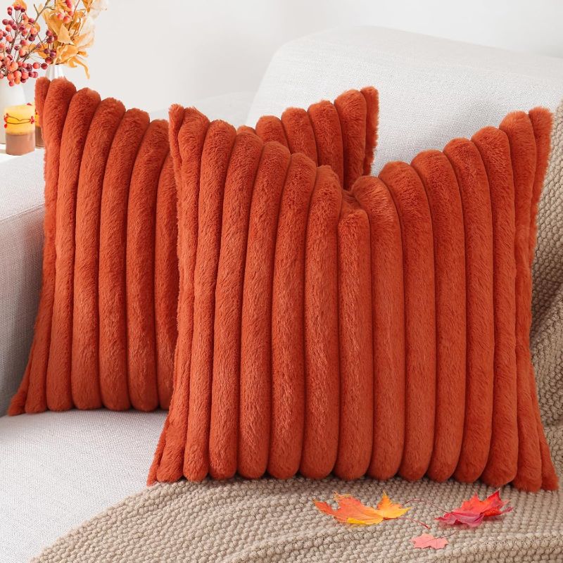 Photo 1 of Pallene Faux Fur Plush Fall Throw Pillow Covers 18x18 Set of 2, Luxury Soft Fluffy Striped Decorative Pillow Covers for Sofa, Couch, Living Room, Rust
