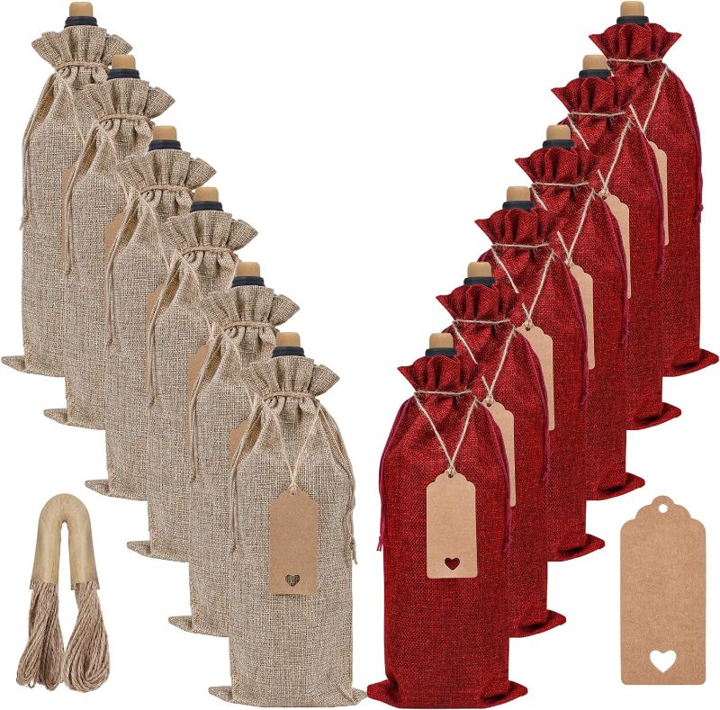 Photo 1 of Sailup Burlap Wine Bags 12 Pcs Wine Bottle Gift Bags with Drawstrings Tags & Ropes for Christmas, Weddings, Holiday Party, Birthdays, Travel, Blind Tastings, Reusable Gift Bags Home Storage 750ml
