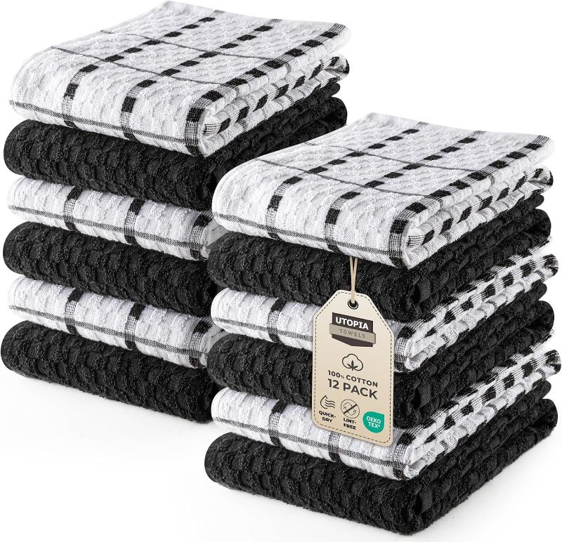 Photo 1 of Utopia Towels - Kitchen Towels 12 Pack, 15 x 25 Inches, 100% Ring Spun Cotton Super Soft and Absorbent Linen Dish, Tea and Bar Towels Set, Black
