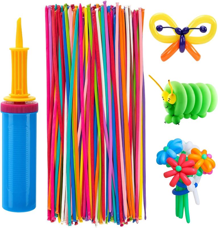 Photo 1 of 100 Pcs 260Q Balloons Kit with Pump - Kids Premium Latex Twisting Long Balloons to Make Animals Flowers, Fun Rainbow Balloons for Party Boys Girls Christmas Birthday Gifts Clowns Wedding Decor
