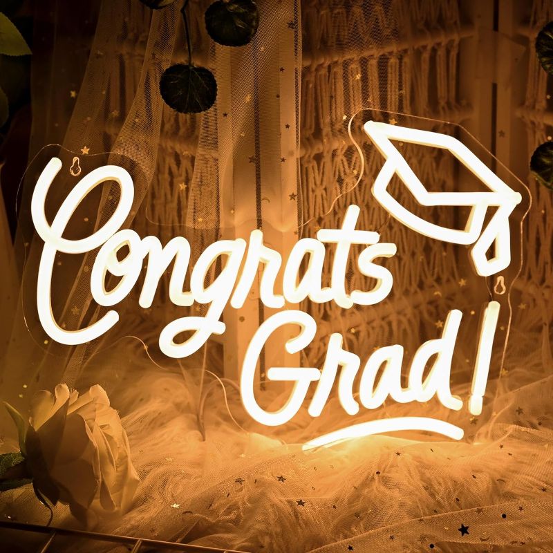 Photo 1 of Congrats Grad Neon Sign with Graduation Cap, 16 * 11 Inch Warm White Grad Light Up Sign for Wall Decor, Adjustable Congrats Led Sign for Class of 2025 Party Room Dorm Backdrop Celebration Gifts
