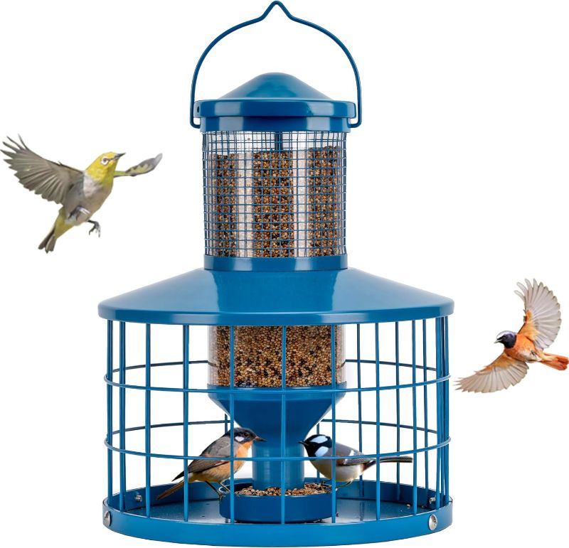 Photo 1 of Caged Bird Feeders Squirrel-Proof, Metal, 2.8 Lbs Capacity-Cage Tube Seed Feeders with Tray Outdoor Hanging, Attract Birds,Detachable Cleaning, Starling Proof Wild Bird Feeder?Blue?
