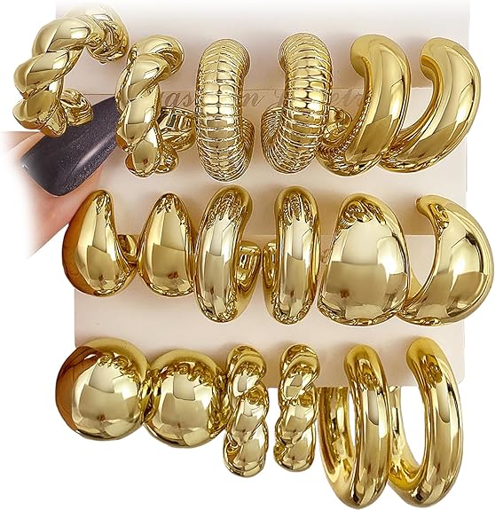 Photo 1 of 24 Pairs Gold Hoop Earrings Set for Women Hypoallergenic Chunky Chain Twisted Open Hoops Dangle Earring Packs for Birthday Party Fashion Jewelry Gift

