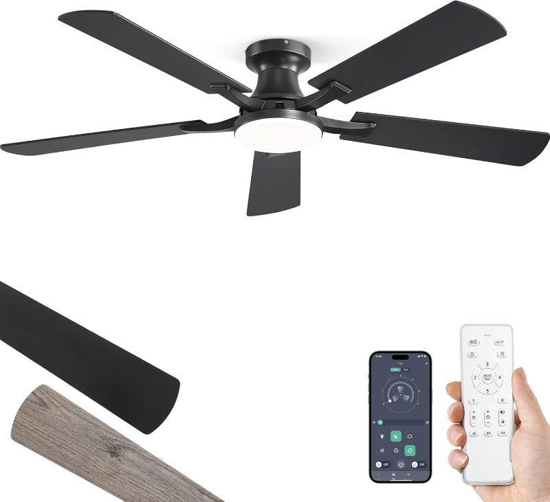 Photo 1 of ZMISHIBO 52 Inch Ceiling Fan with Light, App&Remote Control, Flush Mount Low Profile, Dimmable 20W LED Light, Quiet Reversible Motor for Bedroom, Living Room, Apartment, Black
