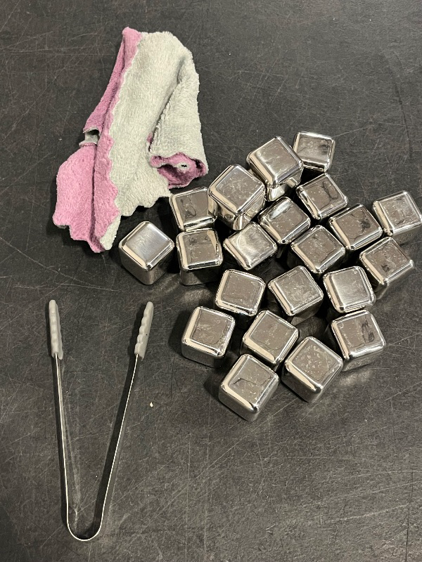 Photo 1 of 23 PCS Stainless Steel Ice Cubes,Reusable Metal Whiskey Stones,Refreezable Metal Chilling Rocks with 2Pcs Ice Tongs,for Whiskey Vodka Wine Juice Drinks Soda
