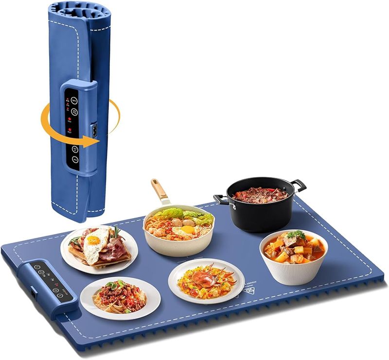 Photo 1 of Electric Warming Tray, Portable Food Warmer with Adjustable Temperature Roll Up Silicone Heating Mat for Food Parties and Everyday Use, Blue
