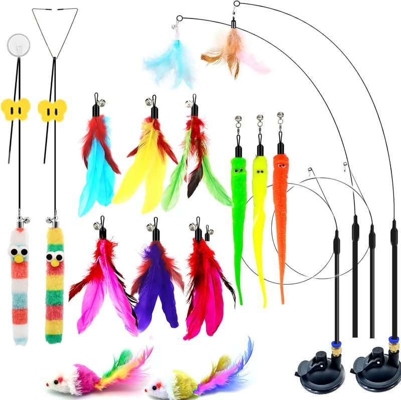 Photo 1 of *Similar to Picture** 
4-in-1 Interactive Cat Toys Set - Feather, String, Stick & Wand Toys with Replaceable Attachments for Indoor Cats (Includes Suction Cup & Hanging Door Toy)
