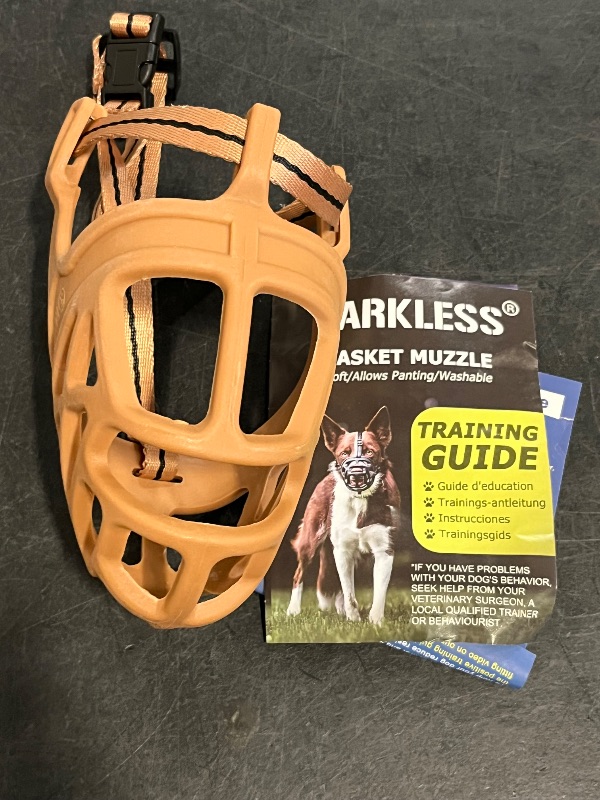 Photo 1 of L BARKLESS Dog Muzzle, Basket Muzzle for Biting, Chewing and Scavenging, Humane Cage Mouth Cover, Perfect for Grooming and Training Large Aggressive Reactive Dogs (L, Brown)
