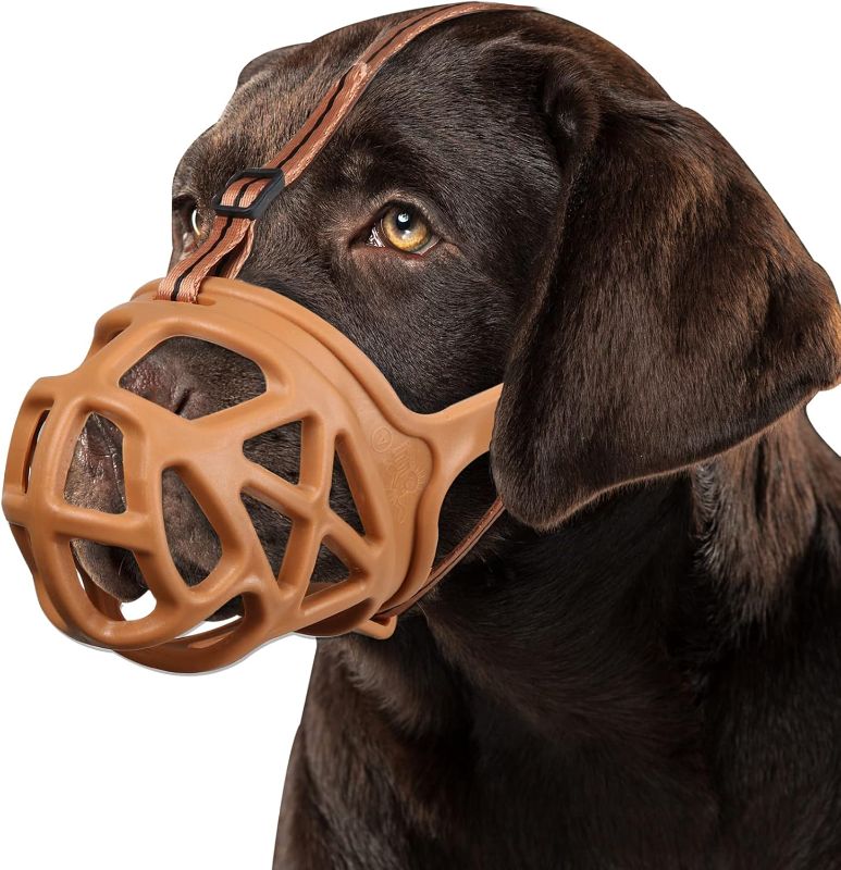 Photo 1 of L BARKLESS Dog Muzzle, Basket Muzzle for Biting, Chewing and Scavenging, Humane Cage Mouth Cover, Perfect for Grooming and Training Large Aggressive Reactive Dogs (L, Brown)
