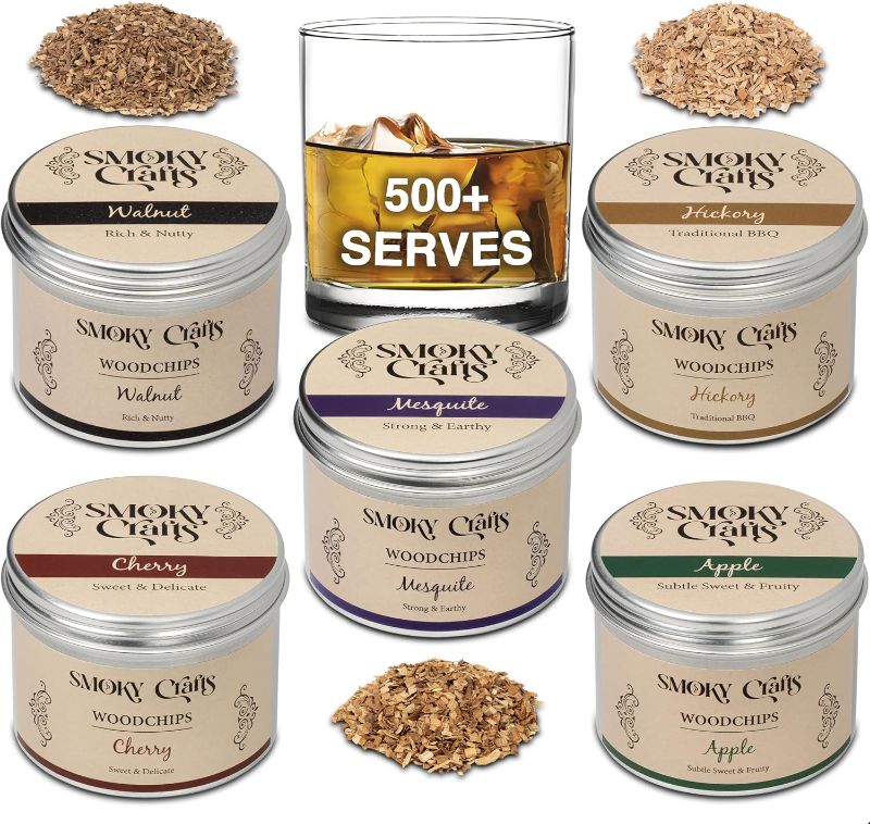 Photo 1 of 5 x 2oz Wood Chips for Cocktail Smoker (Set of 5: Cherry, Hickory, Apple, Mesquite, Walnut) - 5 Flavors of Smoking Gun Wood Chips - Whiskey Gifts for Men
