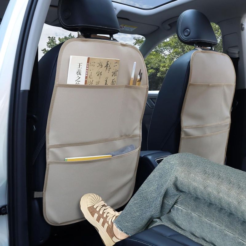 Photo 1 of Kick Mat Back Seat Protector Waterproof Leather Car Seat Back Organizers Cover with 3 Storage Pockets for Kids Pets SUV Sedan Minivan Truck Car Travel Accessories (Beige 2-Pack)
