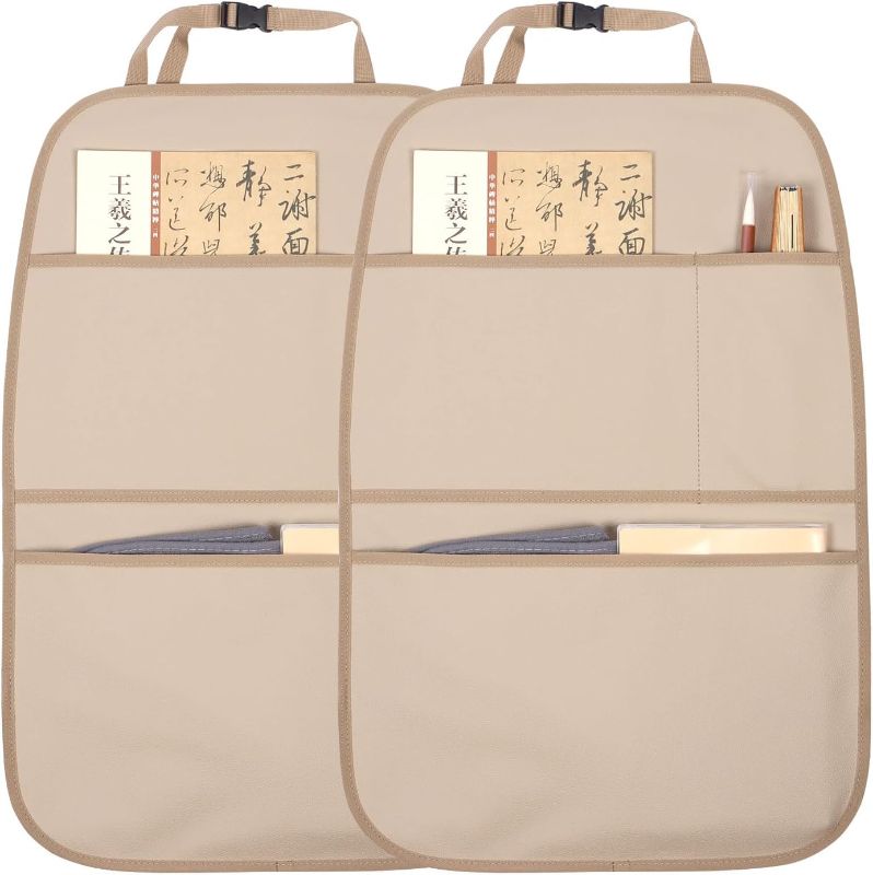 Photo 1 of Kick Mat Back Seat Protector Waterproof Leather Car Seat Back Organizers Cover with 3 Storage Pockets for Kids Pets SUV Sedan Minivan Truck Car Travel Accessories (Beige 2-Pack)
