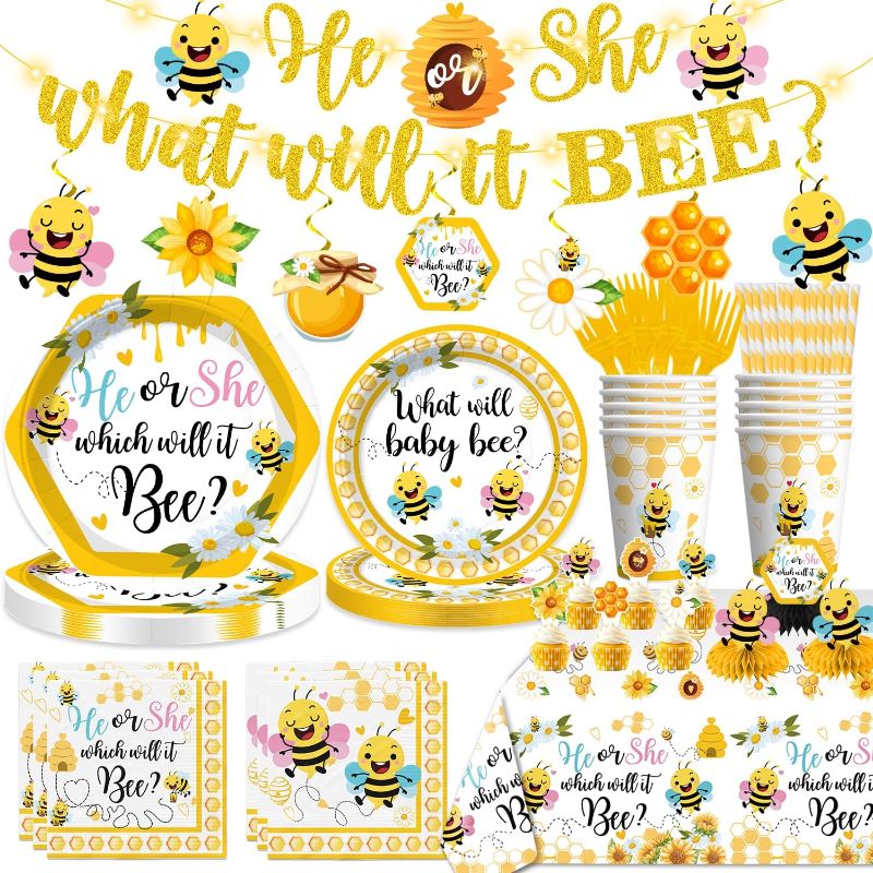 Photo 1 of 174pcs What Will Baby Bee Gender Reveal Decorations, What Will Baby Bee Tableware Set with Plates and Napkins, 2 Tablecloths, Banner, Cake Topper, for Bee Gender Reveal Decorations, Serves 25

