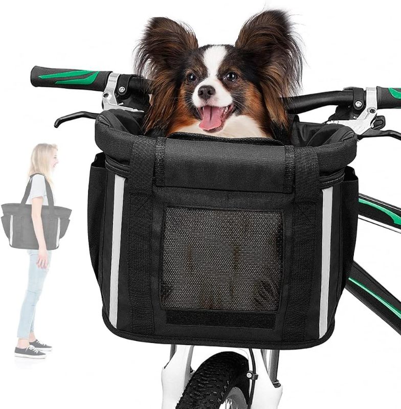 Photo 1 of ANZOME Bike Basket, Folding Small Pet Cat Dog Carrier Front Removable Bicycle Handlebar Basket Quick Release Easy Install Detachable Cycling Bag Mountain Picnic Shopping
