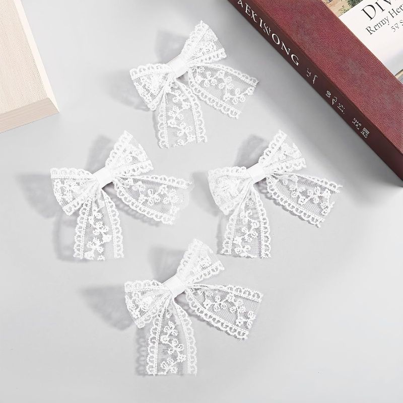 Photo 1 of 4 Pcs Lace Bows for Hair White Lace Bows Exquisite Long Tail Ribbon Design Cute Small Hair Bows for Women Suitable for Dances, Weddings, Parties, Gifts
