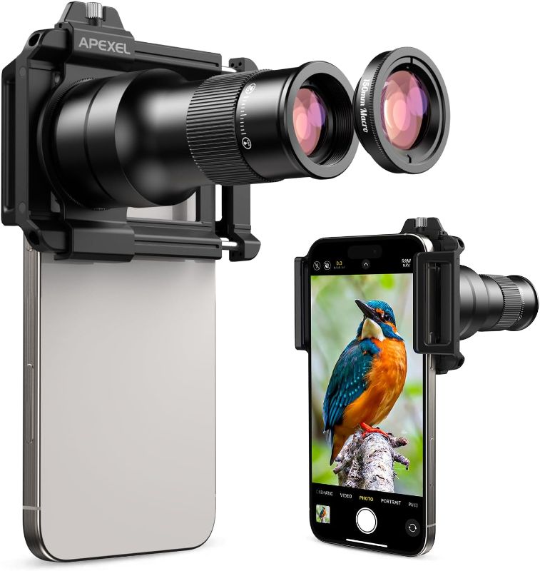 Photo 1 of APEXEL 6X Telephoto Lens & 150mm Macro Lens, 2-in-1 Aluminum Phone Camera Lens Kit with Universal Clip. Phone Lens Attachment Fit for iPhone 16/15/14/13, Samsung, Android Phone and Most Smartphone.

