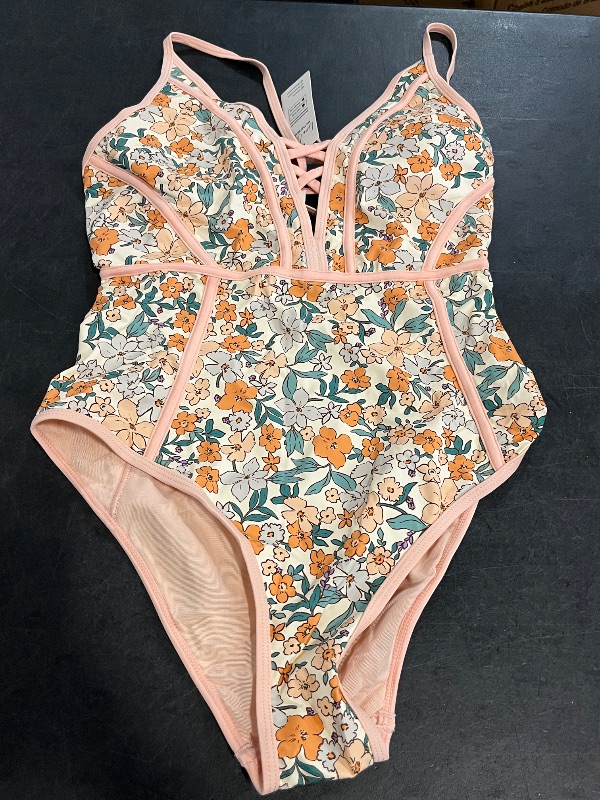 Photo 1 of (L) CUPSHE Women's One Piece Swimsuit Plunging V Neck Bathing Suit Crisscross Back Tie Slimming Sculpting Color Block
