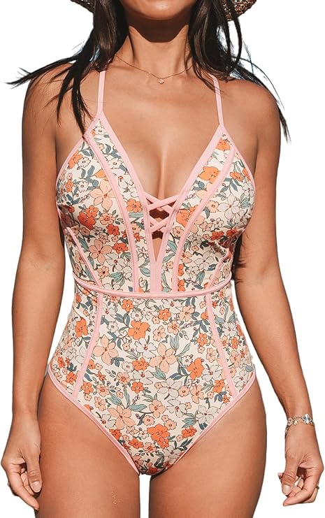 Photo 1 of (L) CUPSHE Women's One Piece Swimsuit Plunging V Neck Bathing Suit Crisscross Back Tie Slimming Sculpting Color Block
