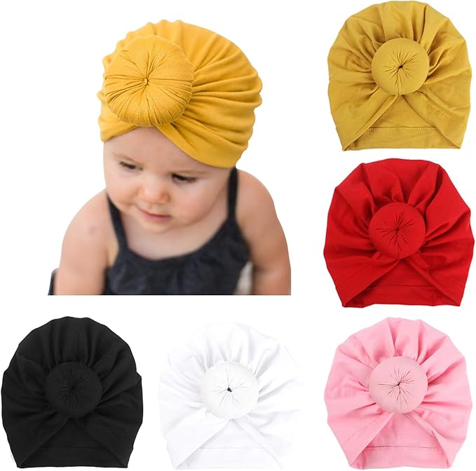 Photo 1 of DRESHOW BQUBO 5 Pieces Baby Turban Hats Turban Bun Knot Baby Infant Beanie Baby Girl Soft Cute Toddler Cap
