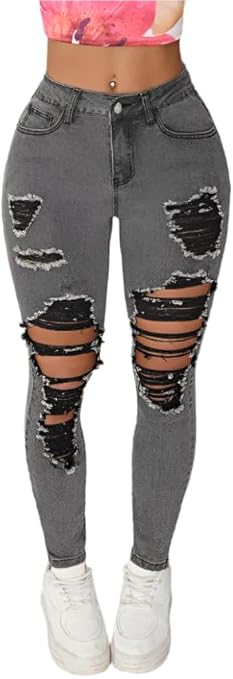 Photo 1 of (S) High-Waist Skinny Jeans for Women: Feature Raw Hem and Distressed Accents in Brown and Dark Wash
