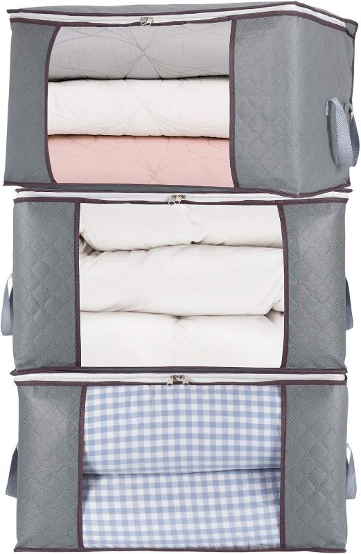 Photo 1 of 3Pcs Zippered Storage Bag for Closet King Comforter, pillow, quilt, bedding, Clothes, Blanket Organizers with Large Clear Window & Carry Handles Space Saver