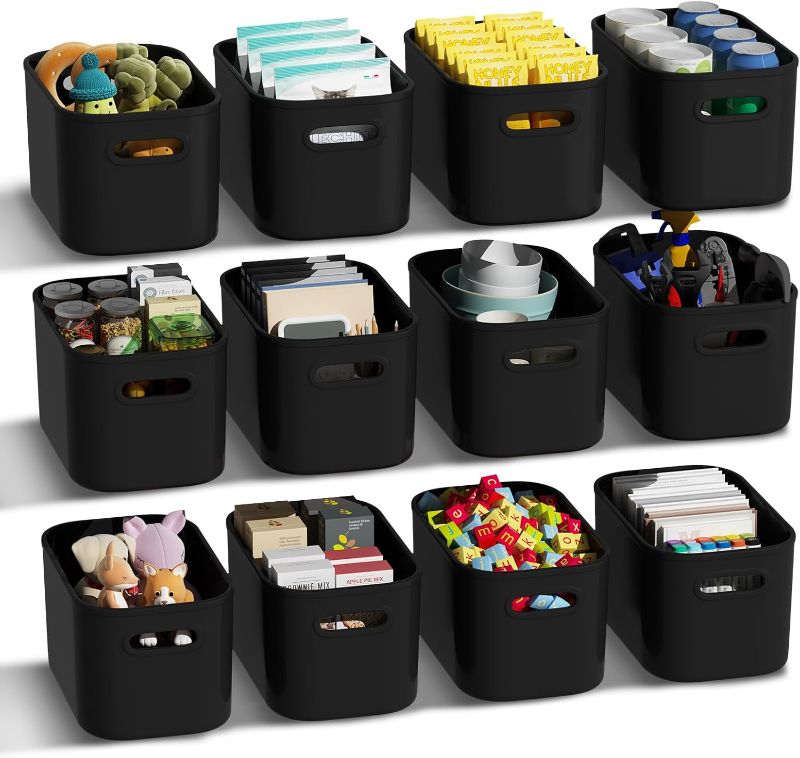 Photo 1 of 12 Pack Black Plastic Storage Bins, Storage Container for Organizing, Storage Boxes with Handle for Shelves, Cute Organizer Bins for Craft, Snacks, Pantry, Cabinet
