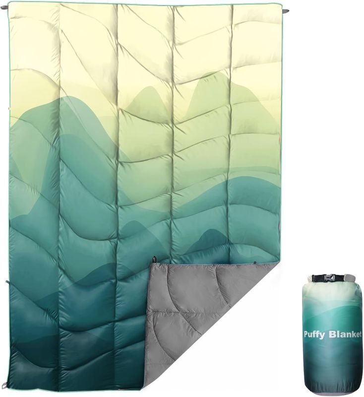 Photo 1 of Outdoor Puffy Camping Blanket, Lightweight Down Alternative Puffy Printed Camping Large Ultra Warm Hammock Top Quilt Waterproof Blanket for Traveling Picnic Beach Party Cold Weather (Green Mountain)
