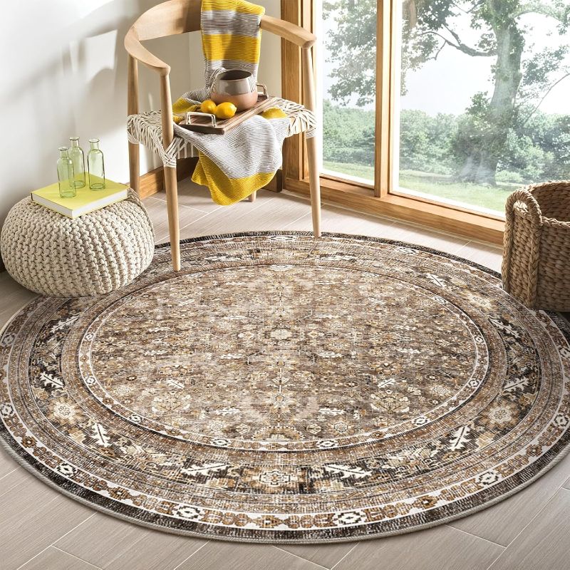 Photo 1 of OPPODREAM Vintage Brown Round Rug 4ft, 4 ft Retro Washable Circle Rug Non Slip, Low-Pile Faux Wool Circular Carpet, Soft Distressed Floor Mat for Living Room, Bedroom, Office, Dorm, Dinning Room
