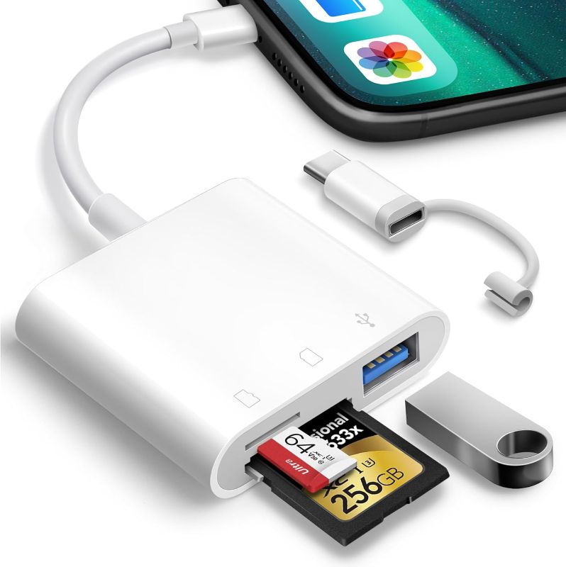 Photo 1 of SD Card Reader for iPhone iPad Trail Camera Viewer 3-in-1 SD Adapter with Dual Slots & USB Port, Memory Card Adapter Dual-connector Design with Lightening&USB-C for Photographers, Plug & Play
