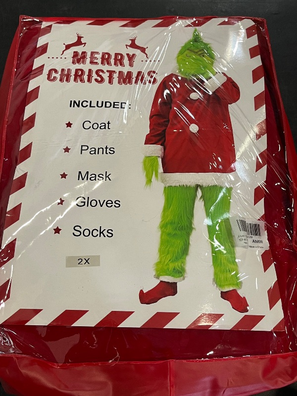 Photo 1 of XXL Christmas Costume for Men Green Giant Monster Adult 7PCS Deluxe Santa Suit Furry Halloween Cosplay Outfit Xmas

