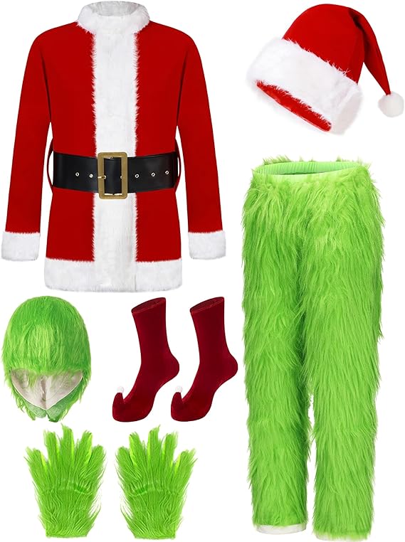 Photo 1 of XXL Christmas Costume for Men Green Giant Monster Adult 7PCS Deluxe Santa Suit Furry Halloween Cosplay Outfit Xmas
