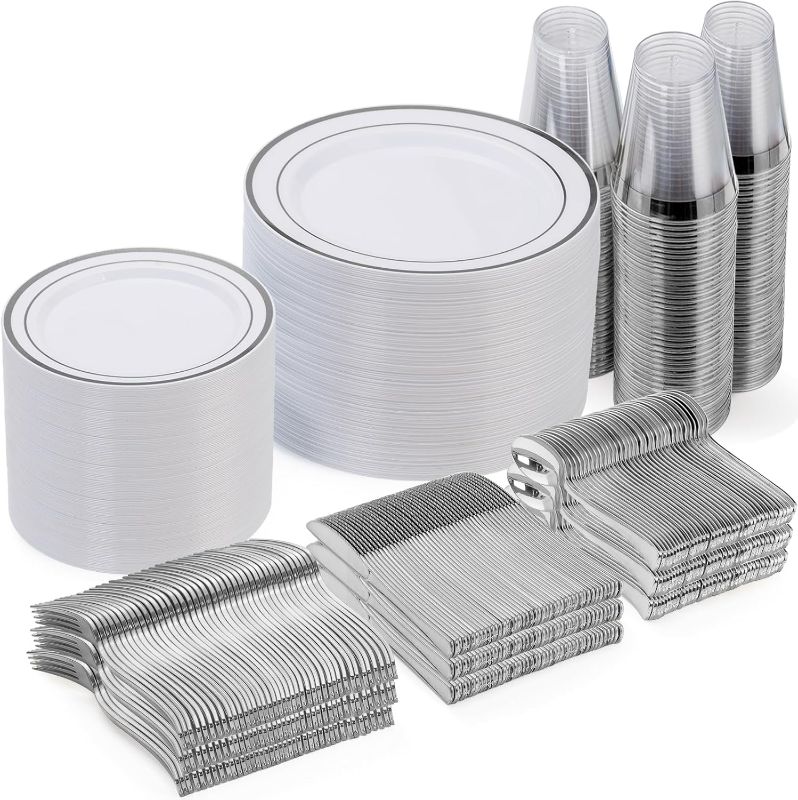 Photo 1 of Goodluck 600 Piece Disposable Silver Plates for 100 Guests, Plastic Dinnerware Set of 100 Dinner Plates, 100 Salad Plates, 100 Spoons, 100 Forks, 100 Knives, 100 Cups, Plastic Plates for Party
