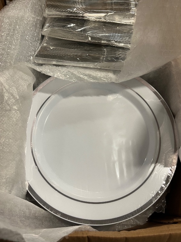 Photo 1 of Goodluck 600 Piece Disposable Silver Plates for 100 Guests, Plastic Dinnerware Set of 100 Dinner Plates, 100 Salad Plates, 100 Spoons, 100 Forks, 100 Knives, 100 Cups, Plastic Plates for Party
